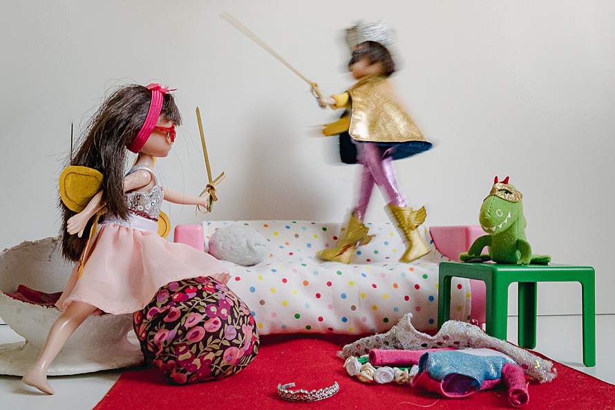 Two dolls playing dressing up for Emma Collins Lottie Doll project