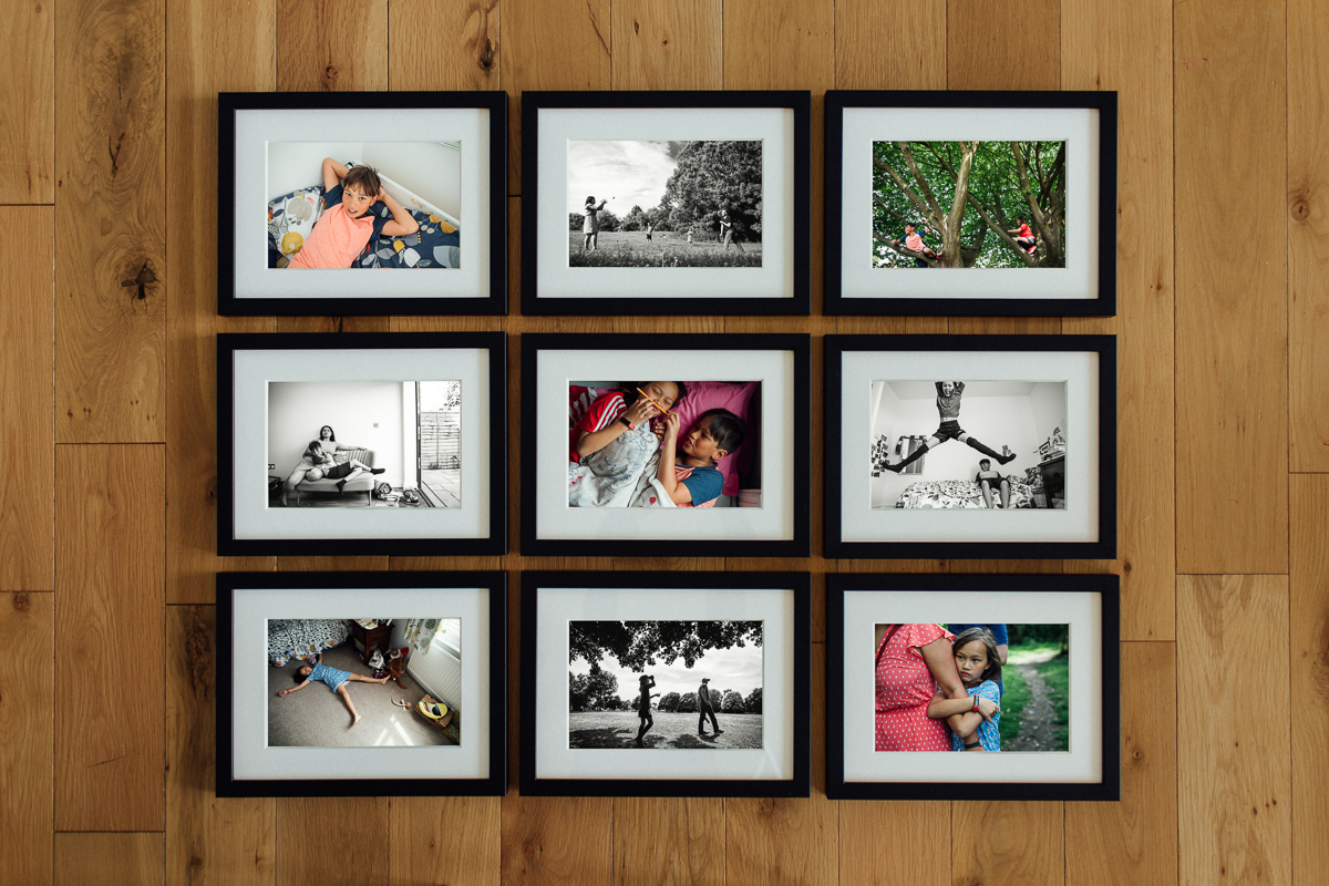 Nine beautiful framed art prints from a family day in the life photoshoot with Emma Collins